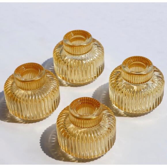Set of 4 Amber Glass Ribbed Candle Holders – Taper & Tealight Compatible - Picture 3 of 5